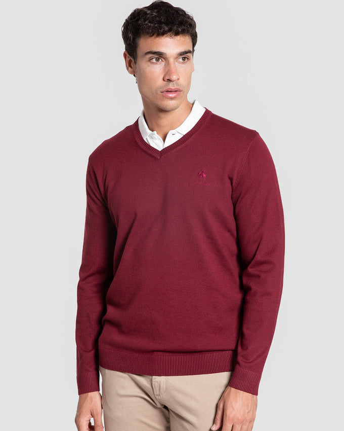Jersey de punto cuello pico burdeos
