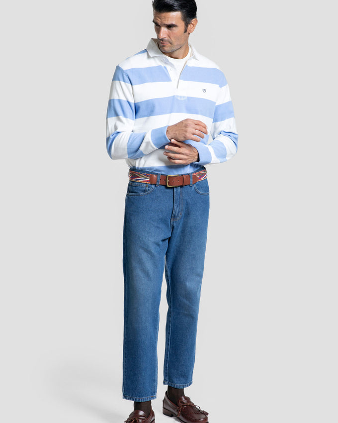 Striped Long-Sleeve Polo Shirt - Sky Blue - Legado