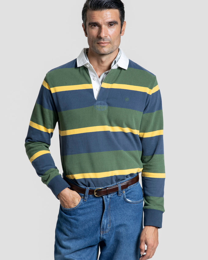 Striped Long Sleeve Polo Shirt Bottle Green