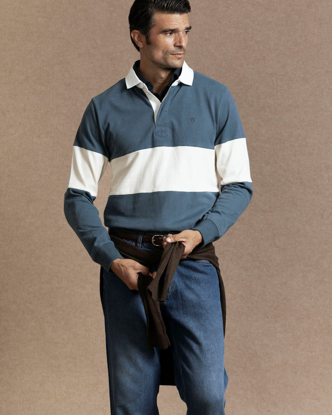 Indigo Wide Stripe Long Sleeve Polo