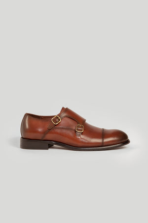 Zapato Monk Strap Cuero Marron Brillante