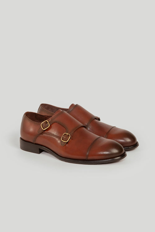 Zapato Monk Strap Cuero Marron Brillante
