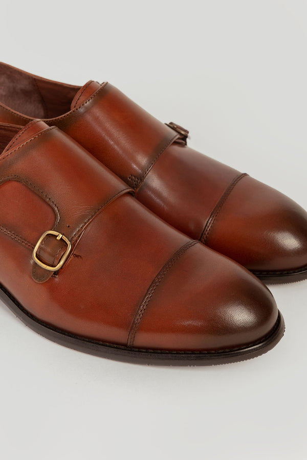 Zapato Monk Strap Cuero Marron Brillante