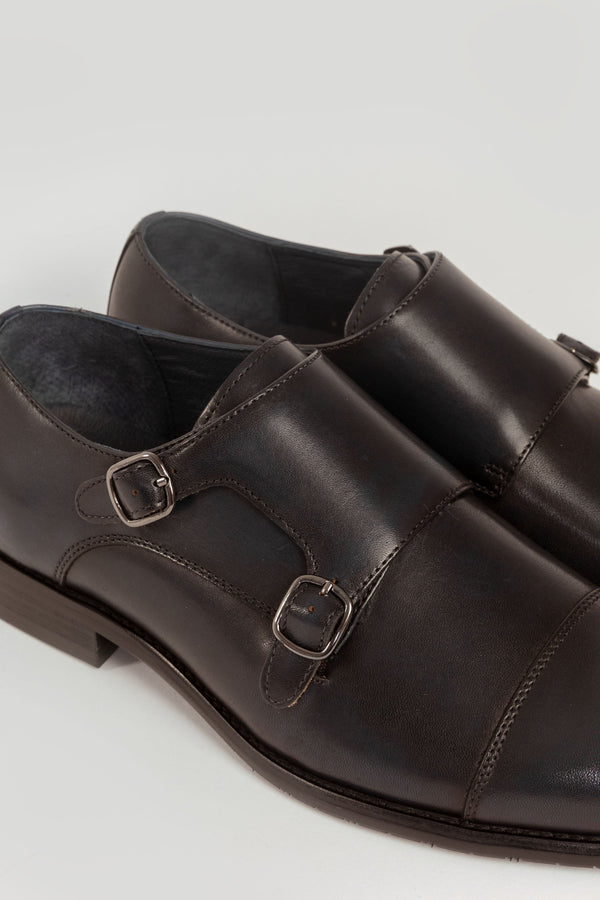 Zapato Monk Strap Cuero Marino Brillante