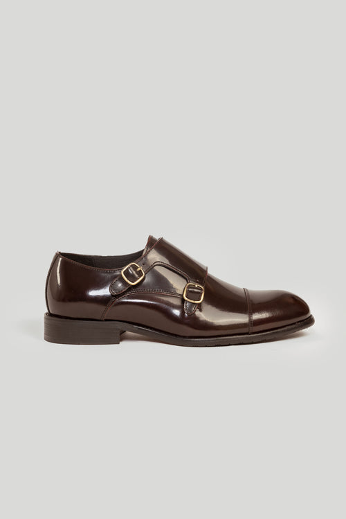Zapato Monk Strap Cuero Burdeo Brillante