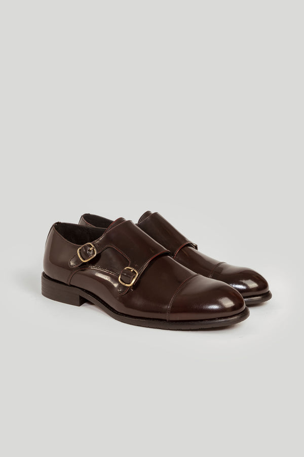 Zapato Monk Strap Cuero Burdeo Brillante