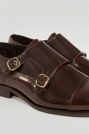 Zapato Monk Strap Cuero Burdeo Brillante