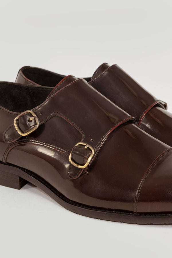 Zapato Monk Strap Cuero Burdeo Brillante