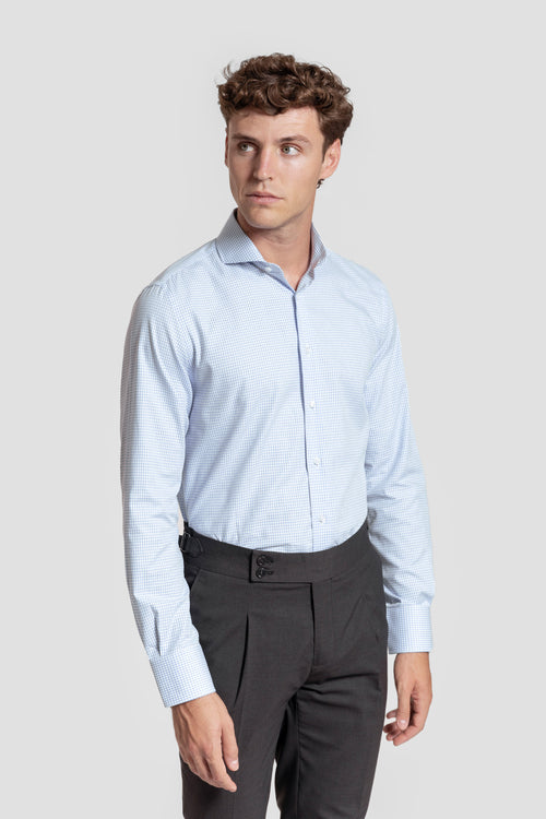 Camisa Vestir Cuadro Pequeño Celeste - Huella