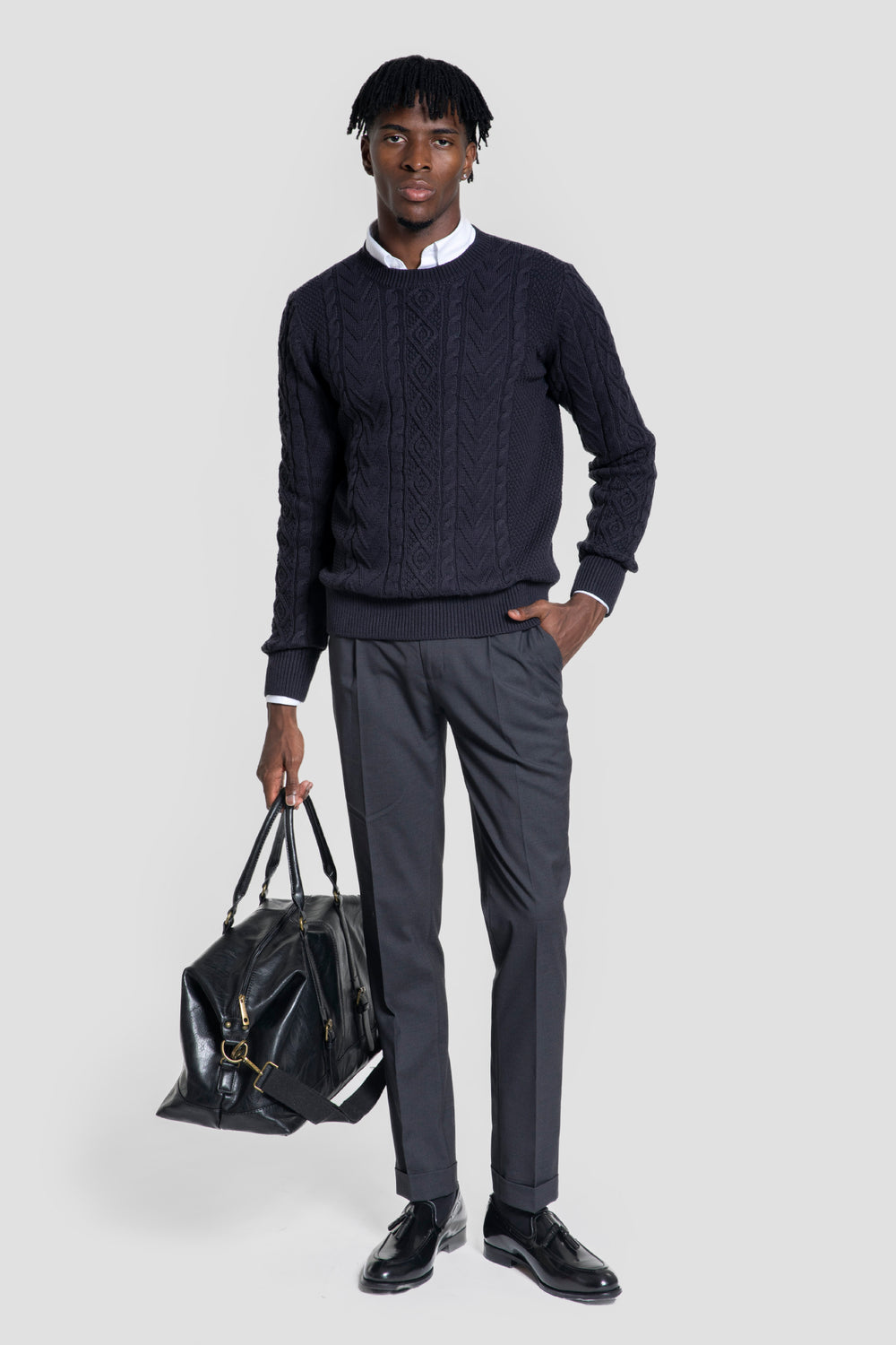 Jersey Punto Trenzado Cuello Redondo Marino