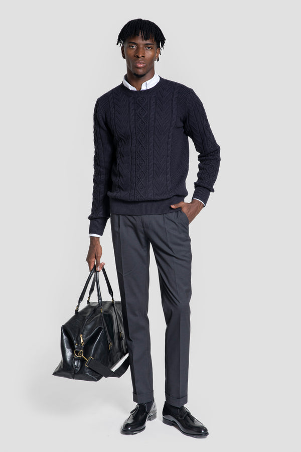 Jersey Punto Trenzado Cuello Redondo Marino