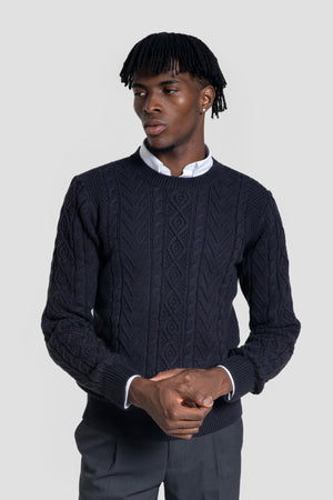 Jersey Punto Trenzado Cuello Redondo Marino