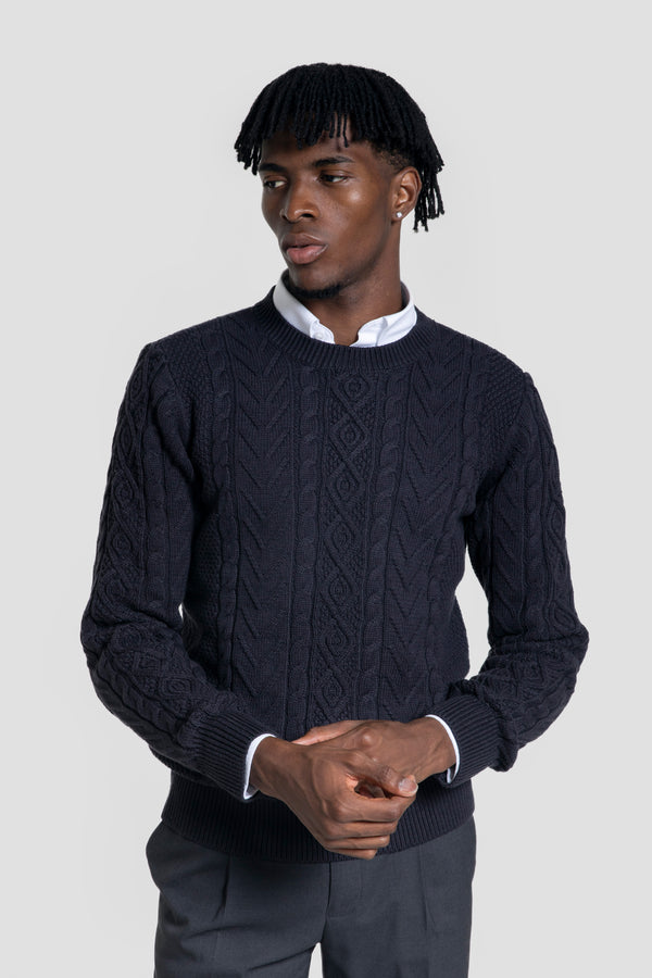 Jersey Punto Trenzado Cuello Redondo Marino
