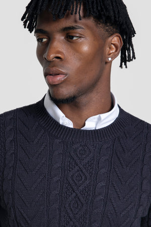 Jersey Punto Trenzado Cuello Redondo Marino