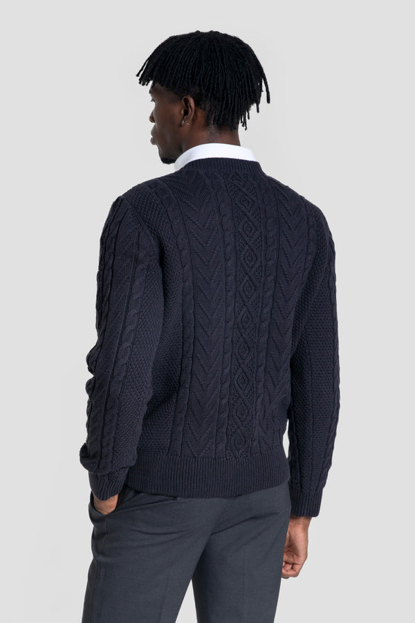 Jersey Punto Trenzado Cuello Redondo Marino