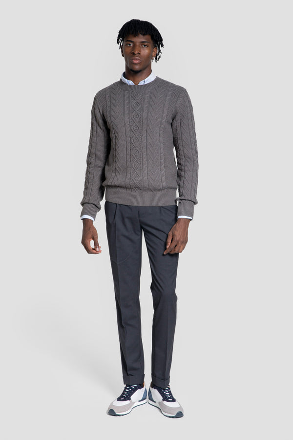 Jersey Punto Trenzado Cuello Redondo Marrón