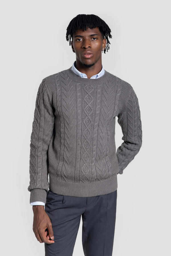 Jersey Punto Trenzado Cuello Redondo Marrón