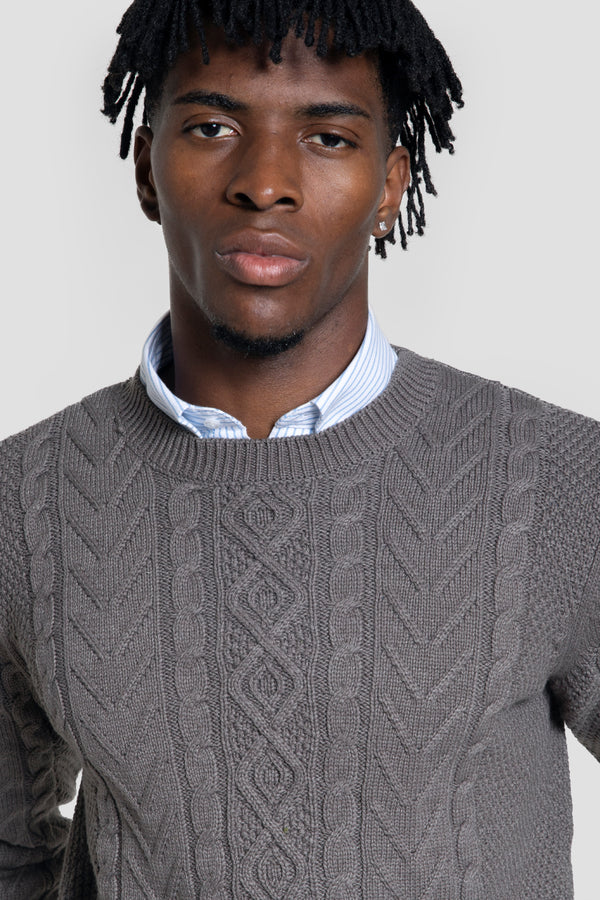 Jersey Punto Trenzado Cuello Redondo Marrón