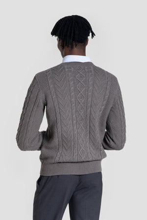 Jersey Punto Trenzado Cuello Redondo Marrón