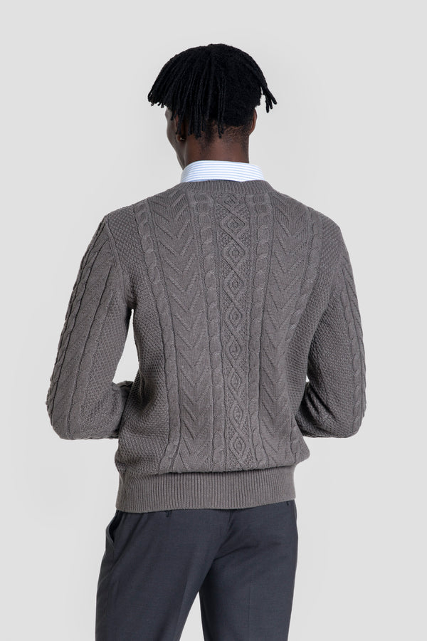 Jersey Punto Trenzado Cuello Redondo Marrón