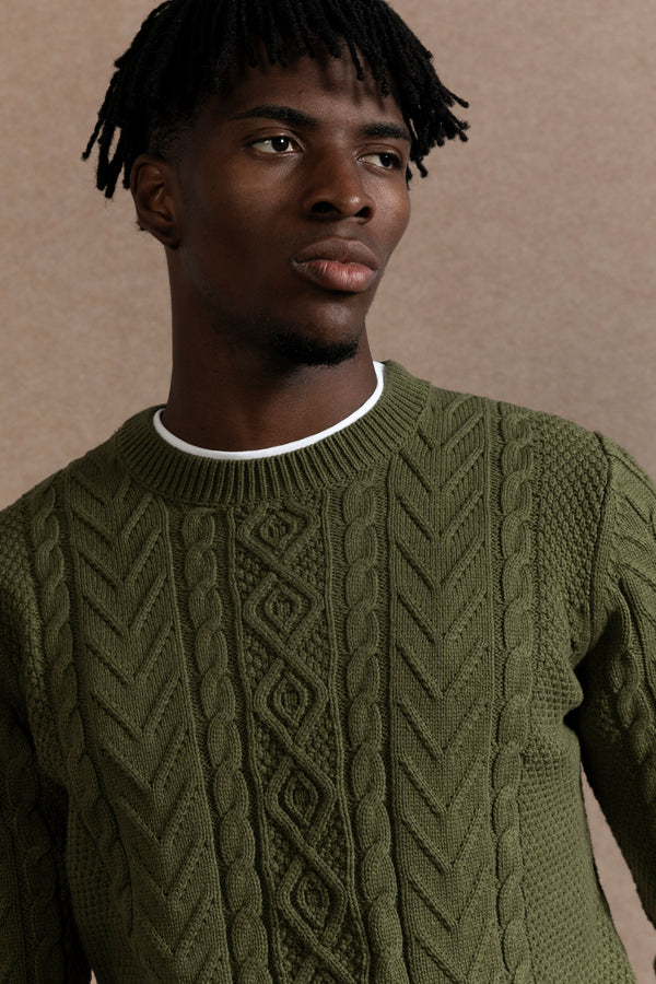 Jersey Punto Trenzado Cuello Redondo Oliva