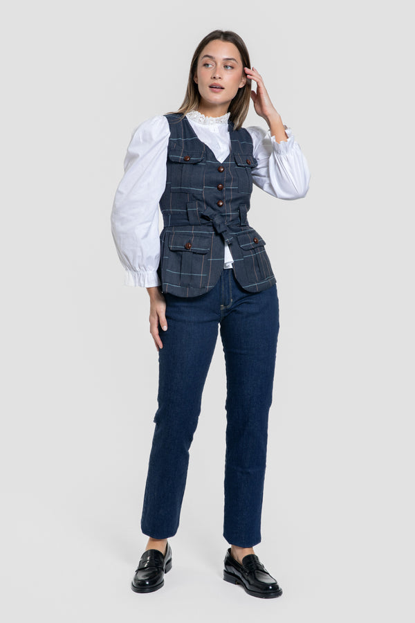 Chaleco de cuadros con cinturón