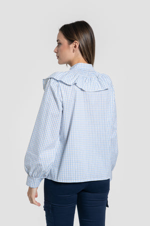 Blusa Cuello Engomado Volantes Celeste