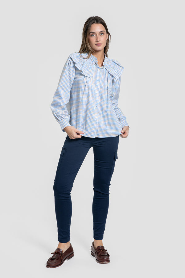 Blusa Cuello Engomado Volantes Celeste