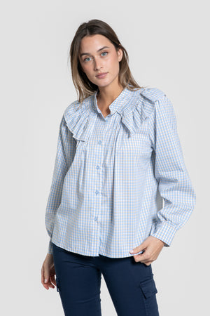 Blusa Cuello Engomado Volantes Celeste