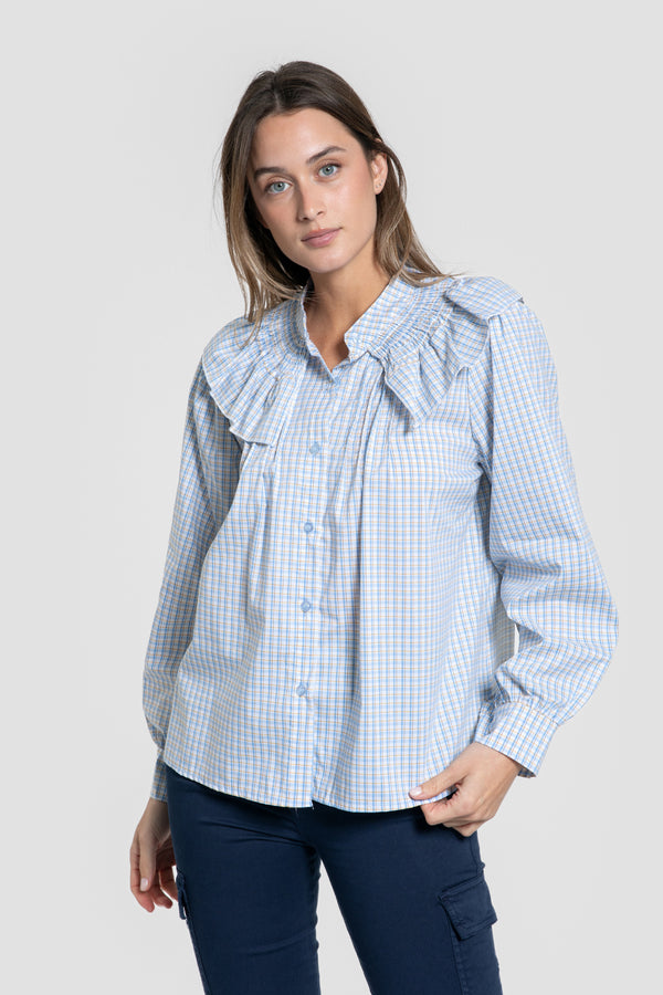 Blusa Cuello Engomado Volantes Celeste