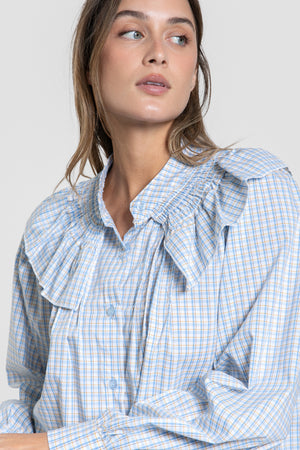 Blusa Cuello Engomado Volantes Celeste