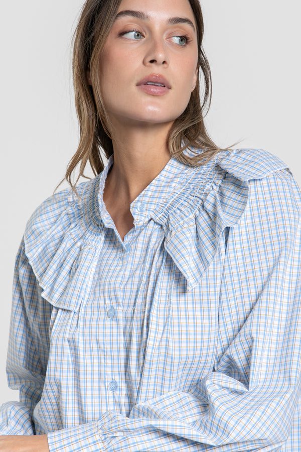 Blusa Cuello Engomado Volantes Celeste