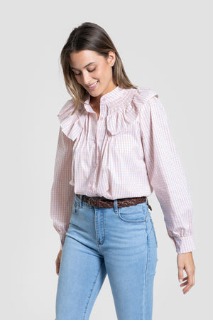 Blusa Cuello Engomado Volantes Rosa