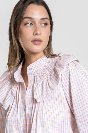 Blusa Cuello Engomado Volantes Rosa