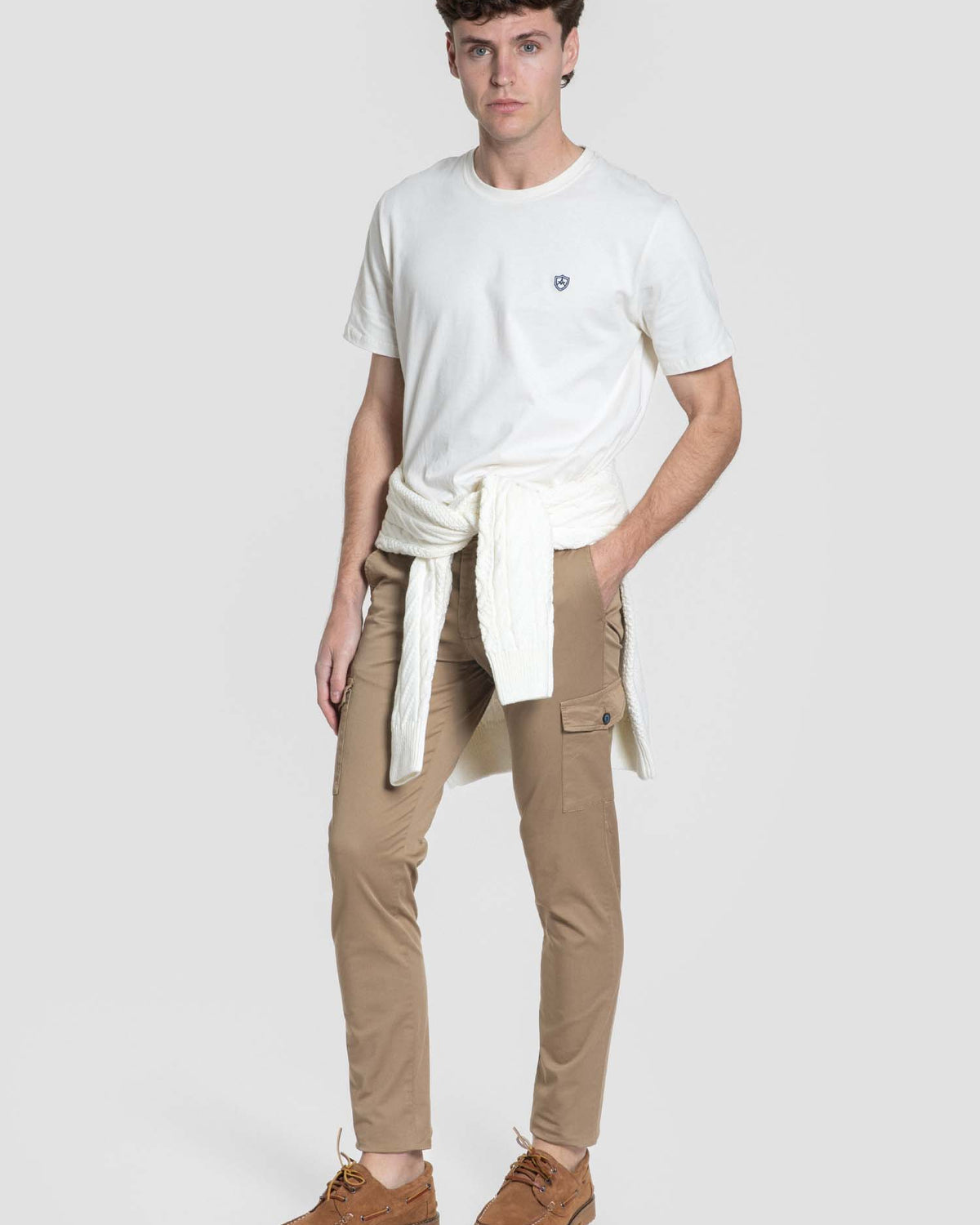 Calças Cargo Chino Camel Bolso Botão