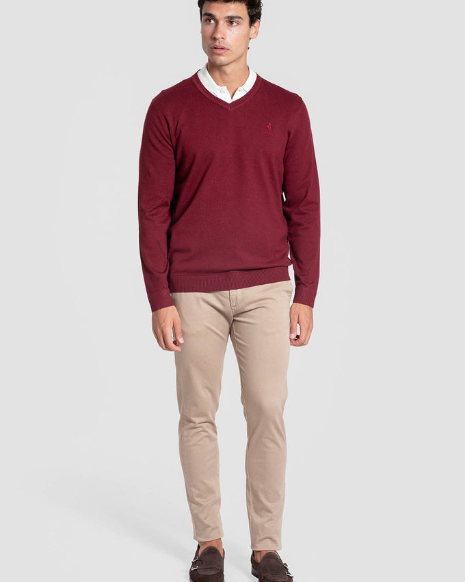 Jersey de punto cuello pico burdeos