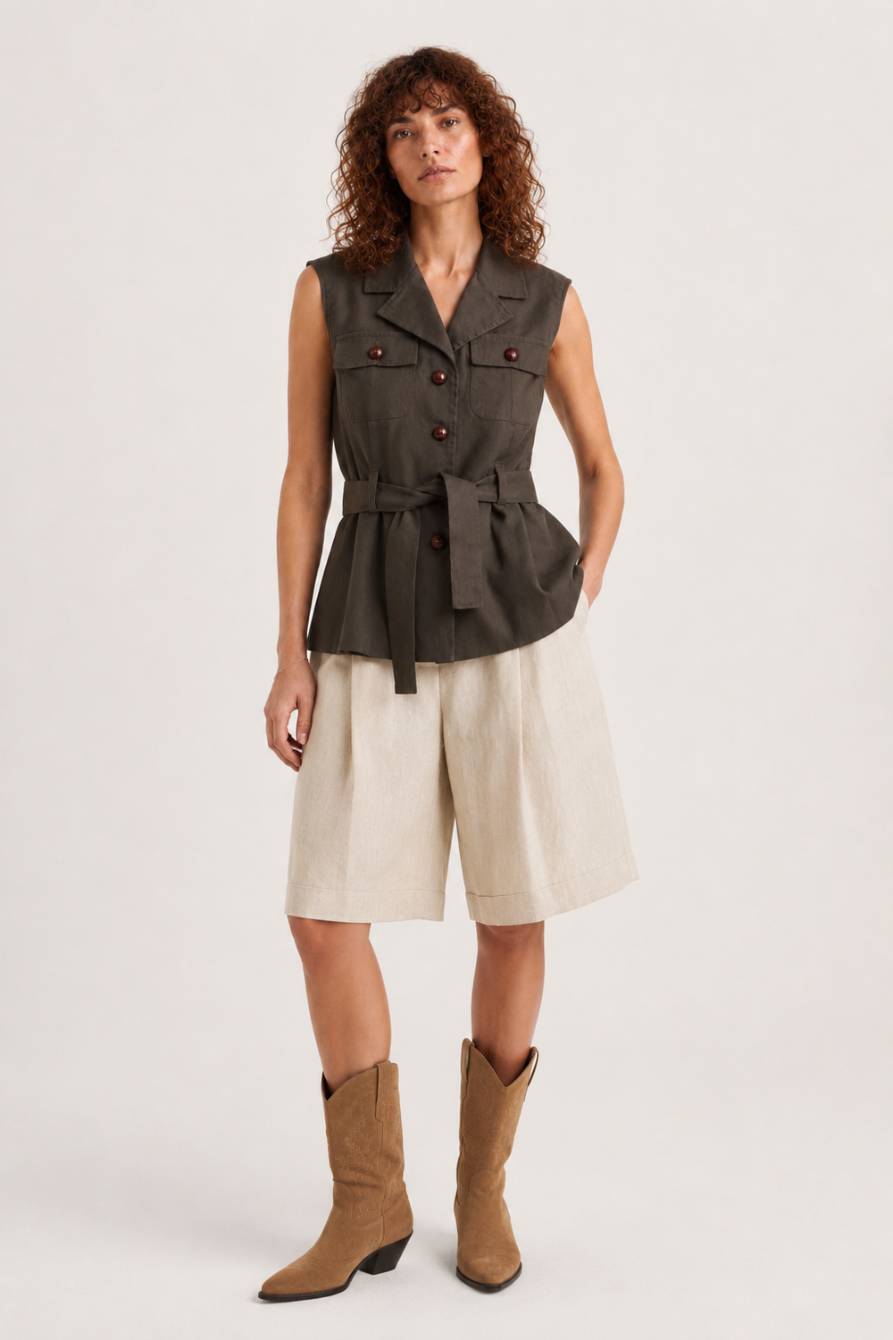 Chaleco Peplum Cinturón Kaki