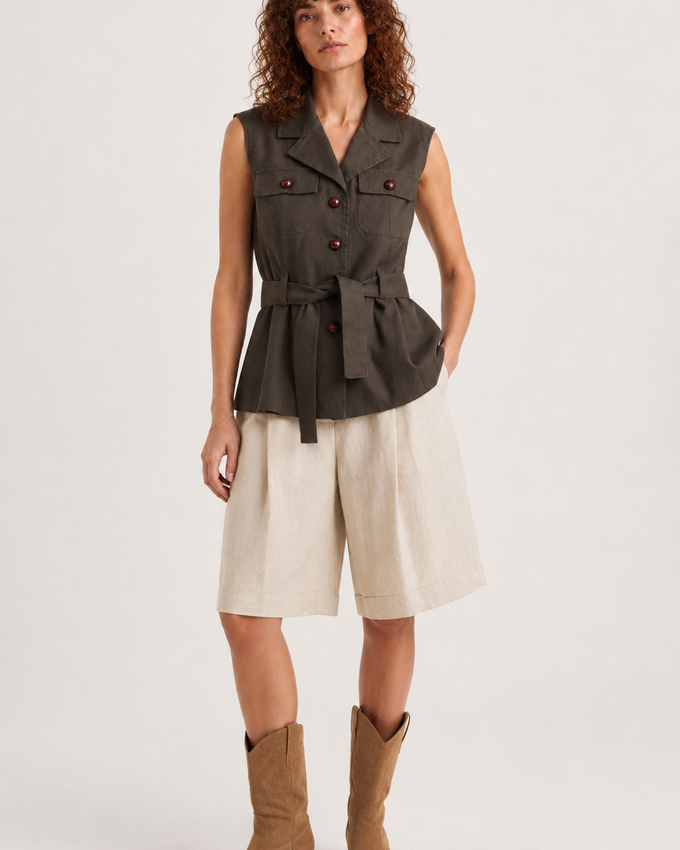 Chaleco Peplum Cinturón Kaki