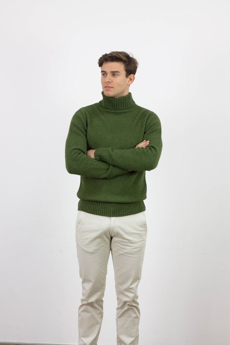 GREEN STRUCTURED HIGH NECK WOOL SWEATER