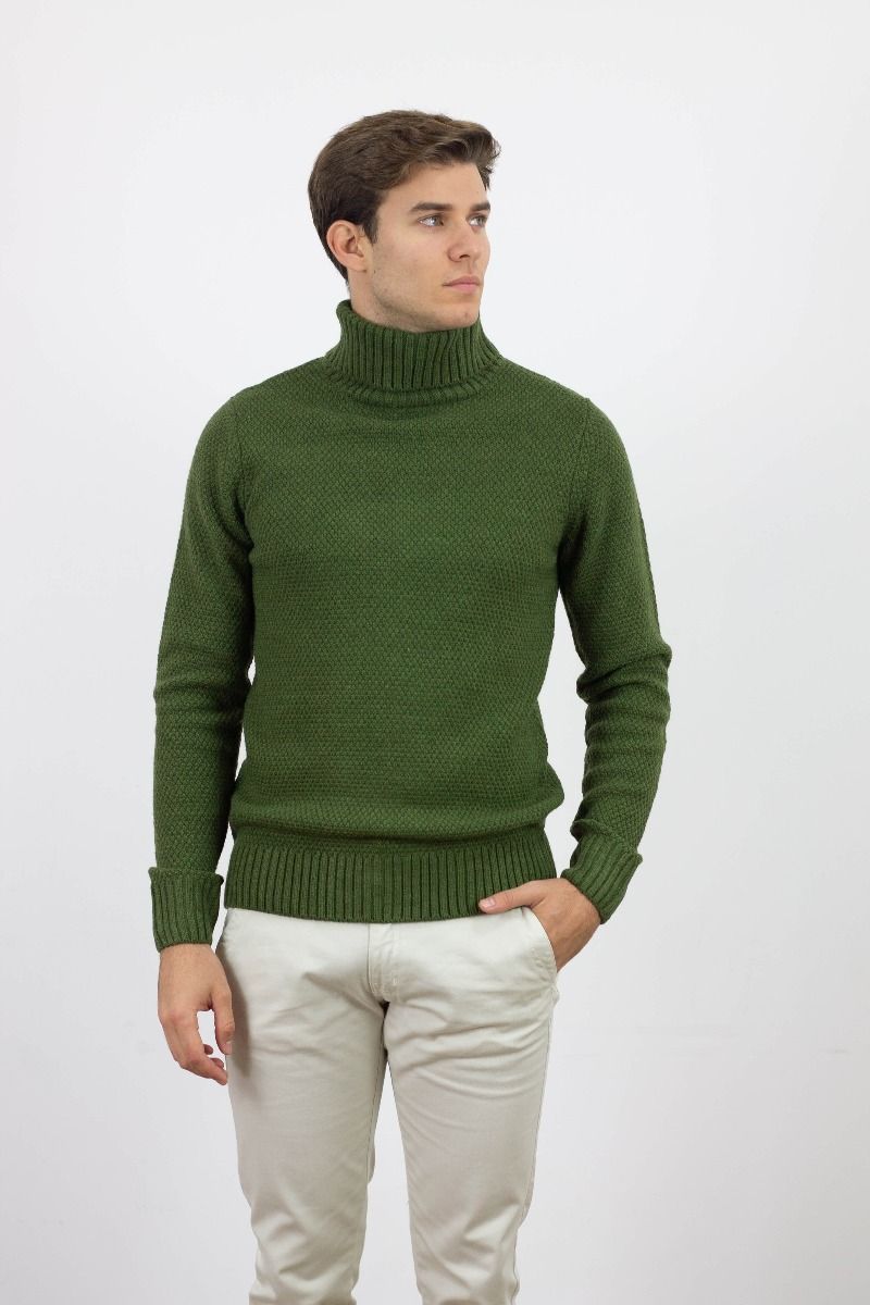 GREEN STRUCTURED HIGH NECK WOOL SWEATER