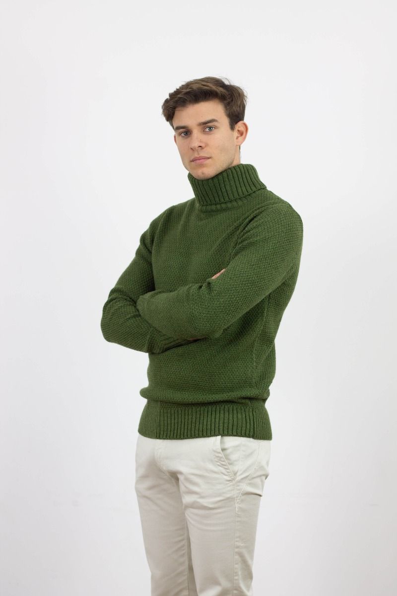 GREEN STRUCTURED HIGH NECK WOOL SWEATER