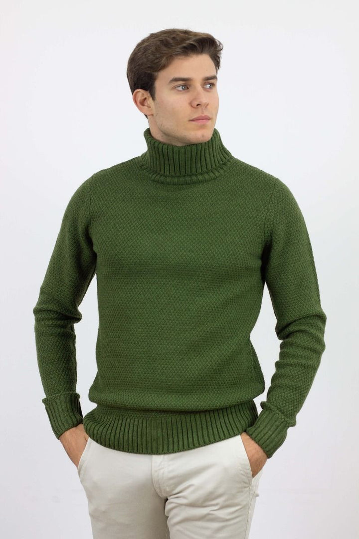 GREEN STRUCTURED HIGH NECK WOOL SWEATER