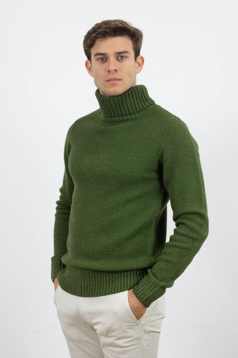 GREEN STRUCTURED HIGH NECK WOOL SWEATER