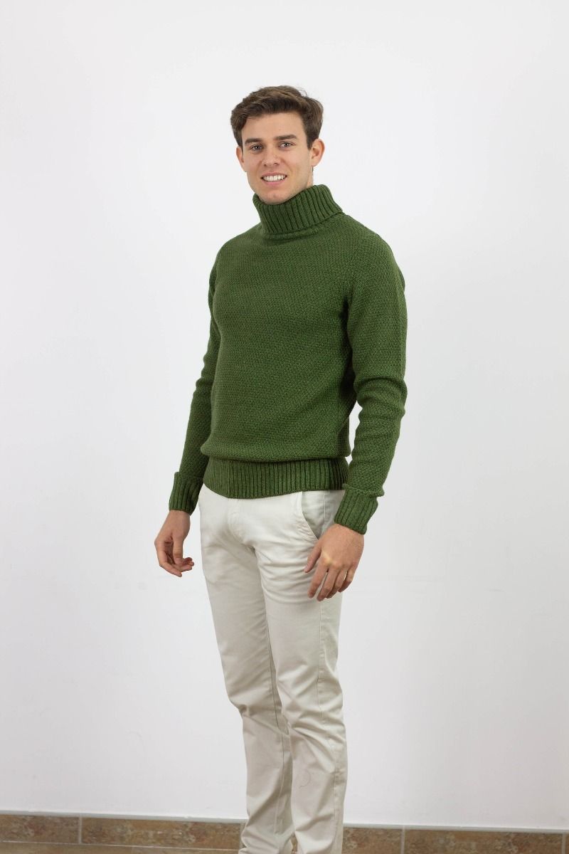 GREEN STRUCTURED HIGH NECK WOOL SWEATER