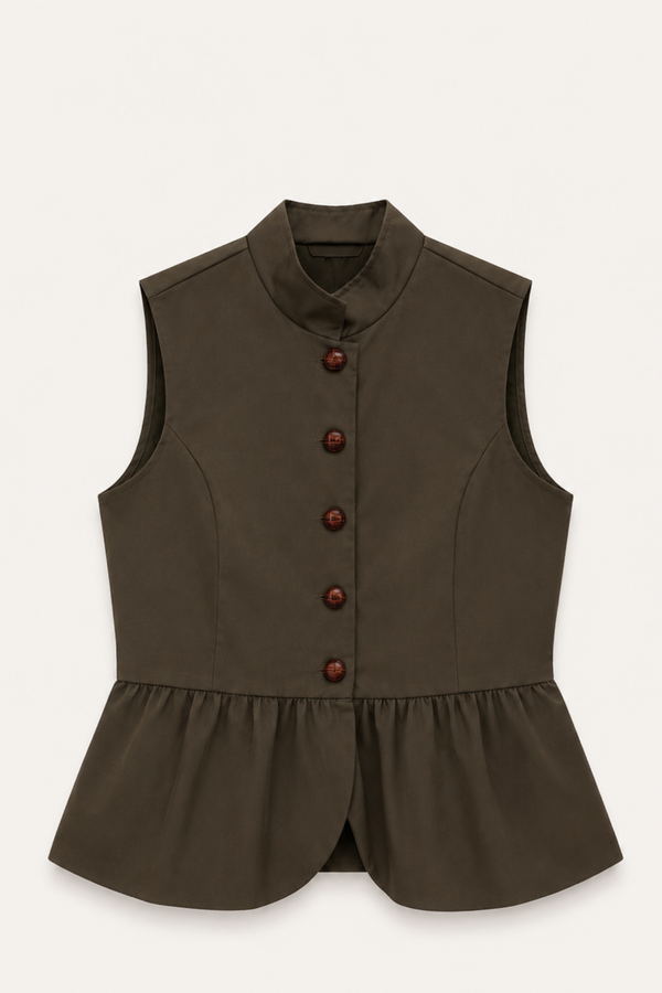Chaleco Peplum Cuello Maho Kaki