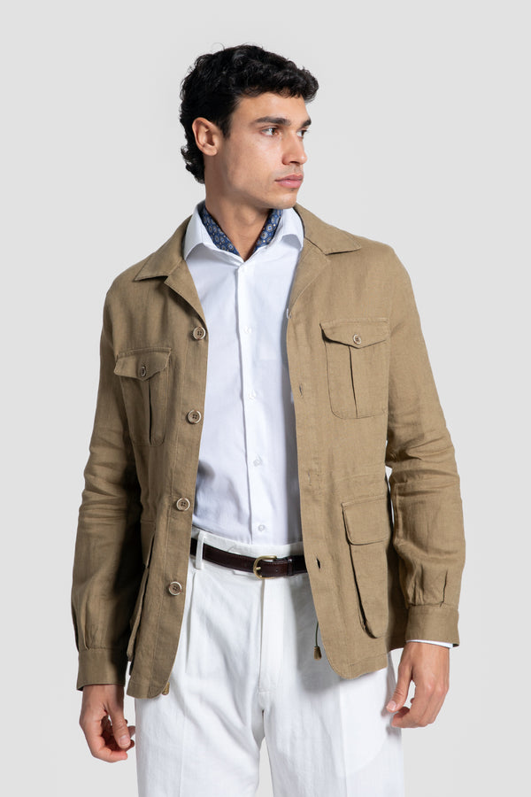 Sobre-Camisa Lino Multi-Bolsillos Camel