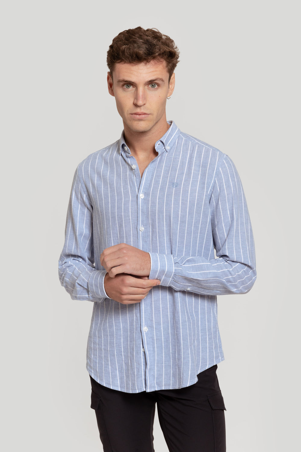 Camisa Raya Ancha Lino Celeste