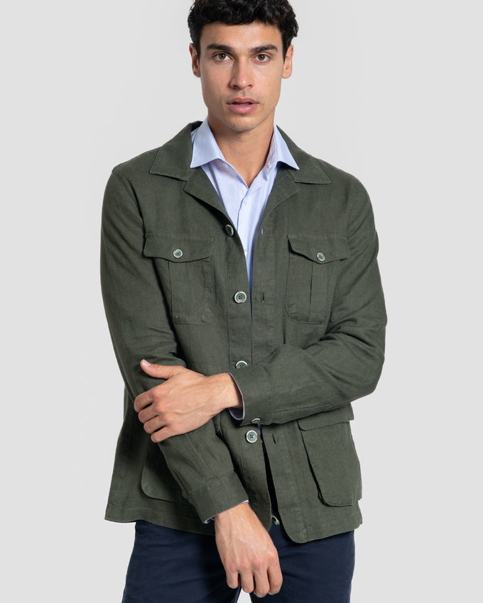 Sobre-Camisa Lino Kaki Multi-bolsillos