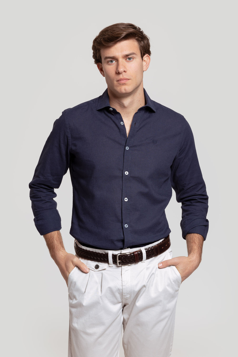 Camisa Algodon Y Lino Marino