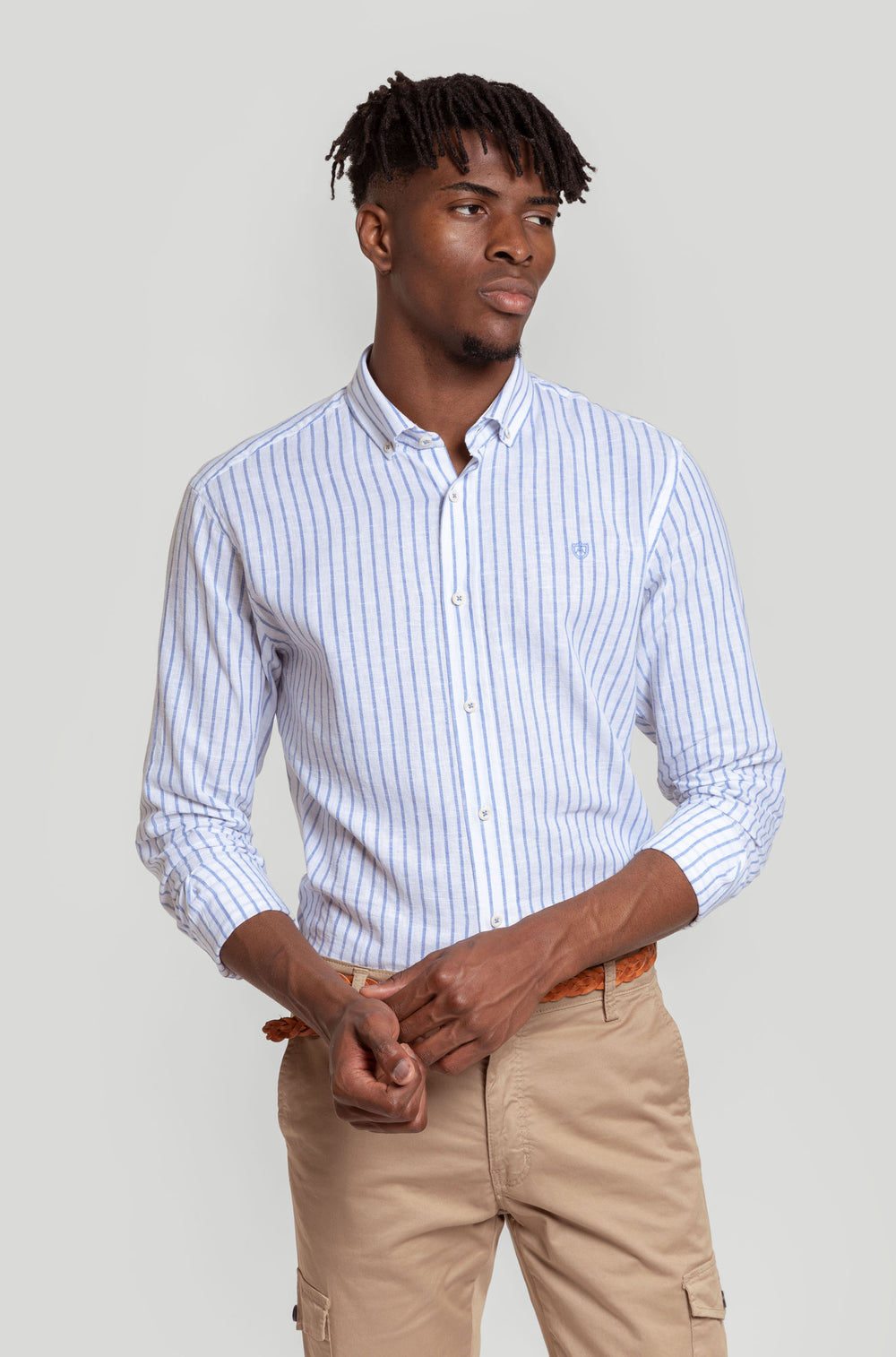 Camisa Sport Rayas Celeste Algodón Lino